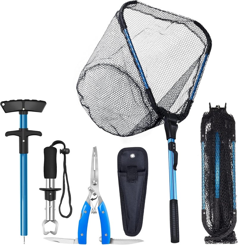 Bombrooster Fishing Tool Kit - 4PCS Landing Net, Pliers, Fish Gripper and Hook Remover - Kayak and Boat Fishing Gear for Freshwater or Saltwater - Image 1
